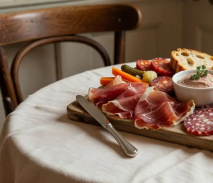 Artisanal előétel válogatás: savanyított zöldségek, friss bagett, kézműves charcuterie és könnyű tengeri falatok elegáns tálon