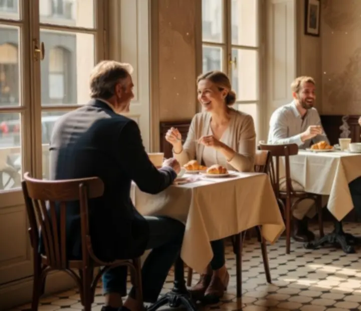 Napfényben úszó bistro étterem hajlított fa székekkel és világos abroszokkal, társaságokkal az asztaloknál