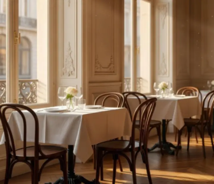 Napfényes bistro tér gyertyafényes asztalokkal és elegáns terítékkel