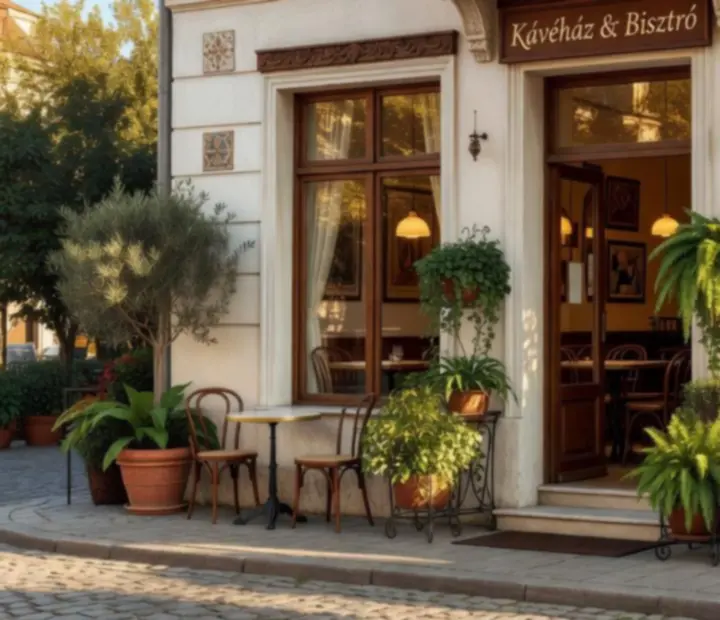 Napfényben úszó bistro homlokzata, faajtóval és elegáns székekkel a járdán