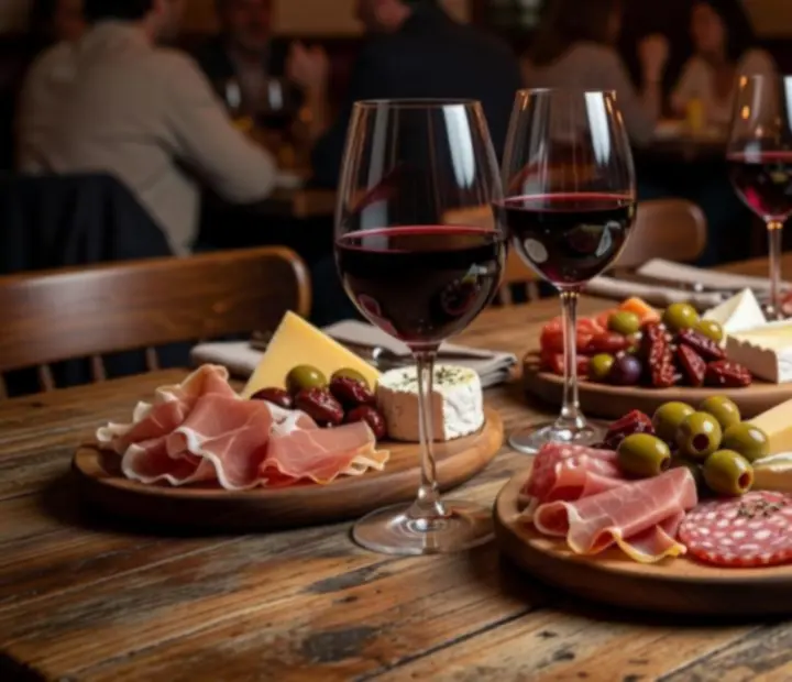 Kézműves charcuterie tál és borospoharak faasztalon