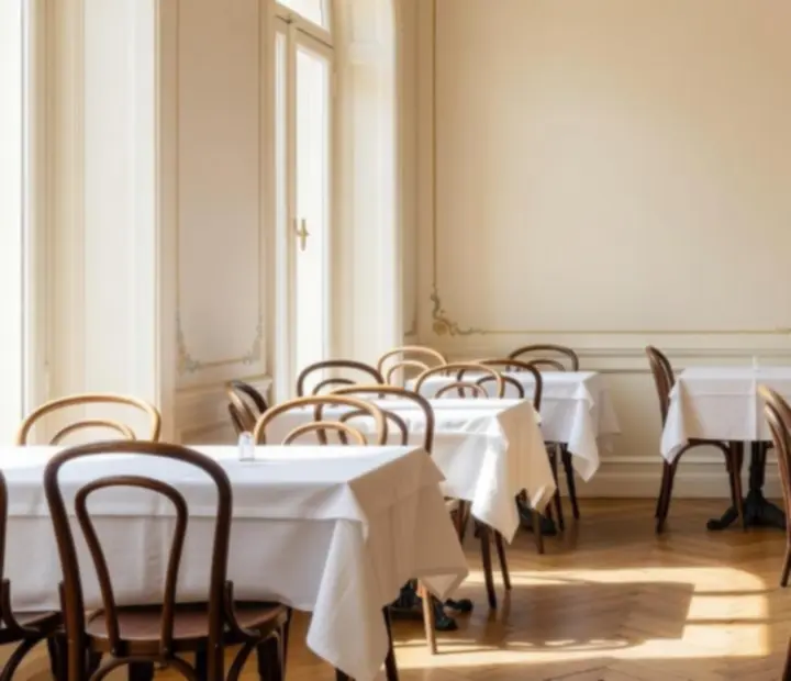 Bistro belső tér napfényes ablakkal és hajlított fa székekkel