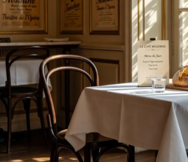 Napfényes bistro ablak fa székekkel és megterített asztallal
