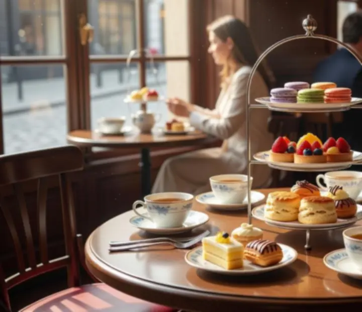 Finom francia sütemények és tea szervírozva napfényes szalonban